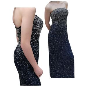 Y2K Sean Express 100% Pure Silk strapless silver beaded navy prom dress
